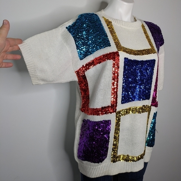 NWT All Points Dead stock white colorful sequin short sleeve sweater L - Picture 3 of 9